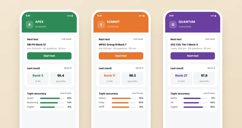 The same test app on three phones, each branded for a different example institute, showing the next test, the last result and topic accuracy