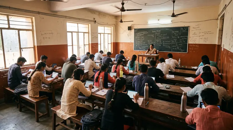 Students taking a test on tablets in a classroom while their teacher supervises