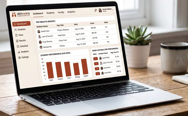 A laptop showing a test results dashboard with scores, ranks and a bar chart