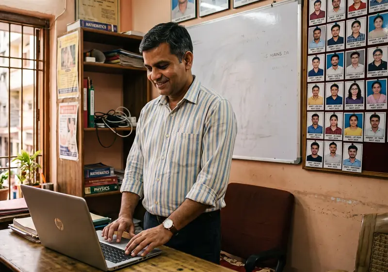 A coaching institute owner smiling at his laptop in his office, with a board of student photos on the wall behind him