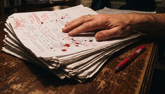 A stack of handwritten answer sheets with red-pen corrections