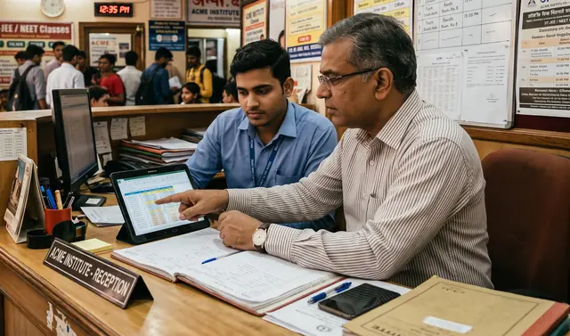 An institute owner and a staff member checking marks on a tablet at the reception desk
