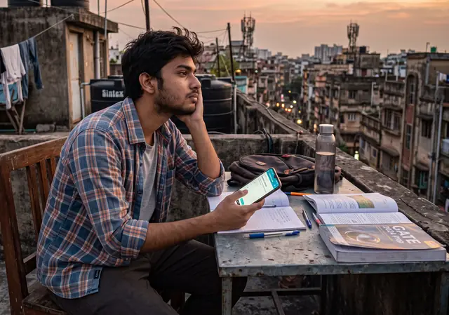 A student studying on a rooftop at dusk with a phone and books